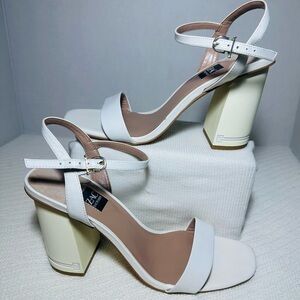 Zacposen leather Elegant White Block Heel Sandals
